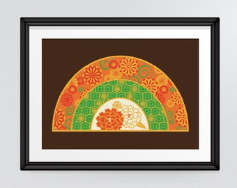 Oriental Fan, Japanese inspired floral patterned art in rich colours of orange green and gold INSTANT DOWNLOAD