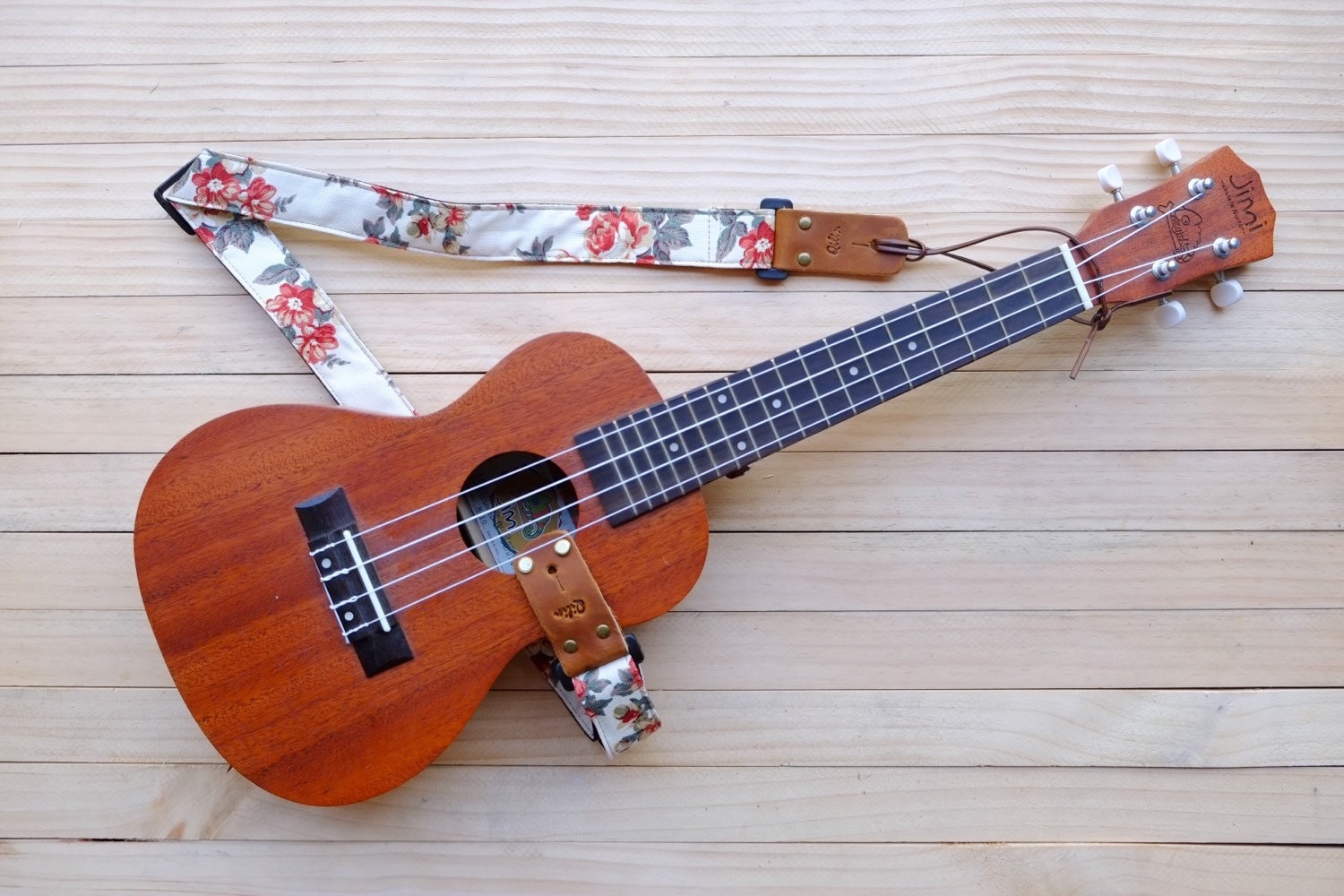 Cream Fabric Flower Ukulele Strap 3in1