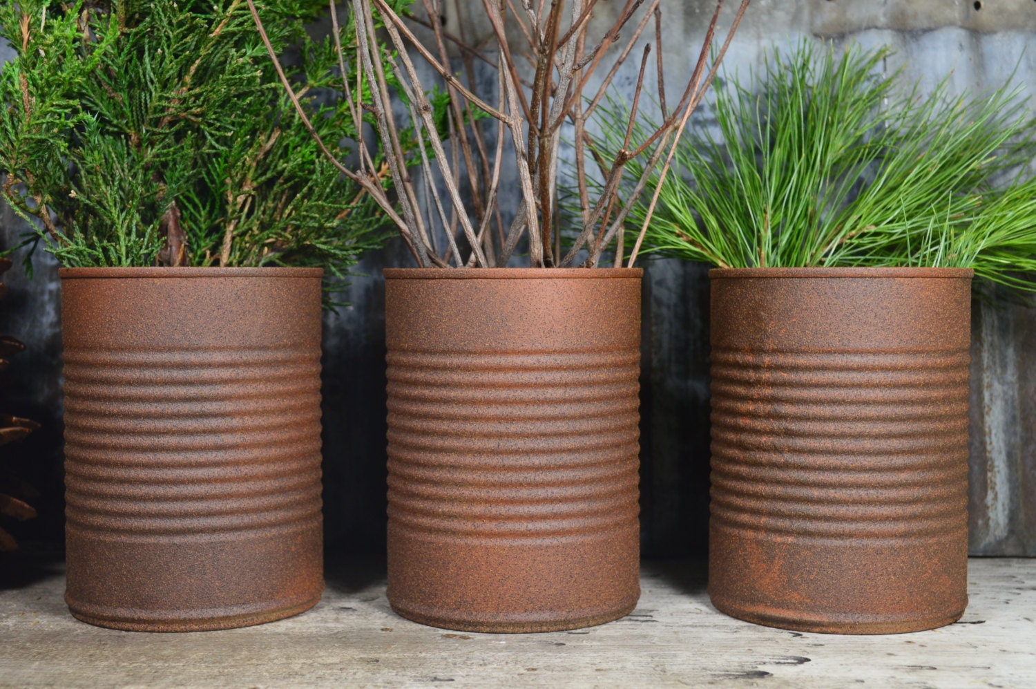 Painted Rusted Tin Can Set 3 Rustic Wedding Decor by JuliBecker