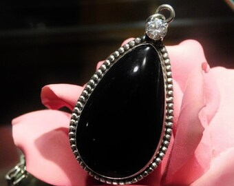 Artisan Black Onyx Pendant Sterling Silver White Topaz Vintage Pendant George 1950s Mid Century Midcentury Southwestern Statement Jewelry