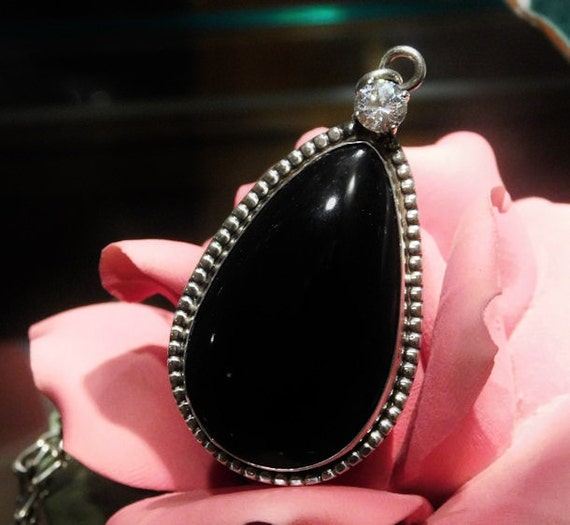 Artisan Black Onyx Pendant Sterling Silver White Topaz Vintage Pendant George 1950s Mid Century Midcentury Southwestern Statement Jewelry