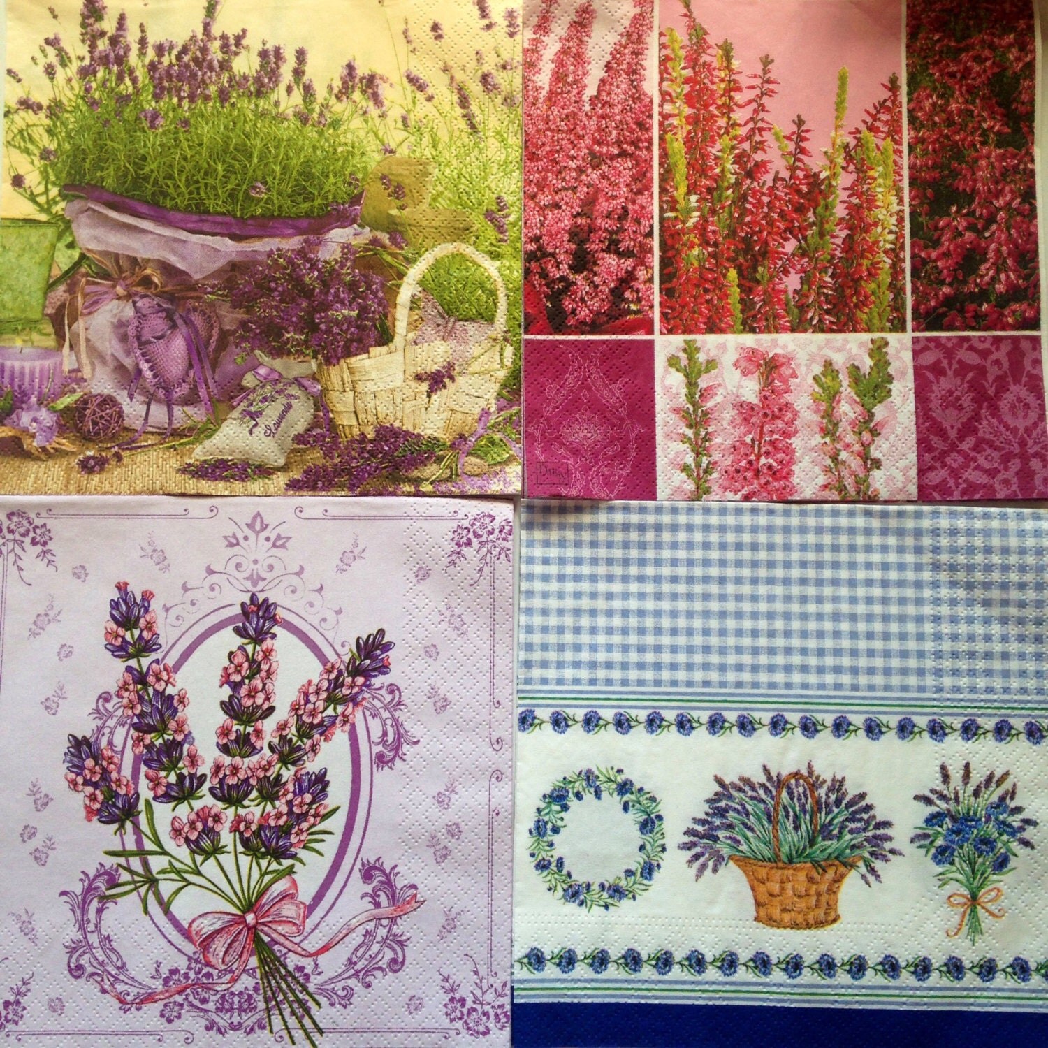 4 Floral Lavender Napkins. Decoupage Napkins. Paper by IndiePaper