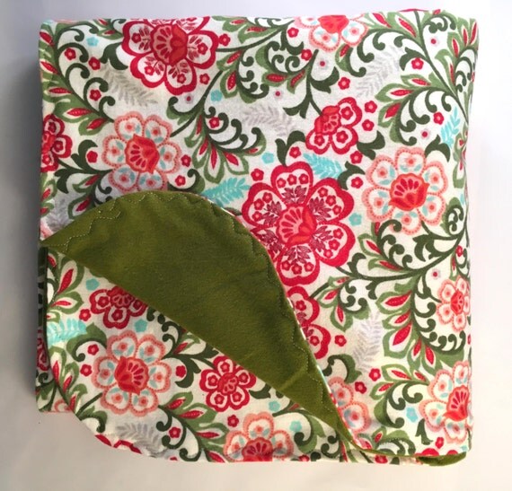 Olive Green Floral Swaddle BlanketDouble Sided Flannel