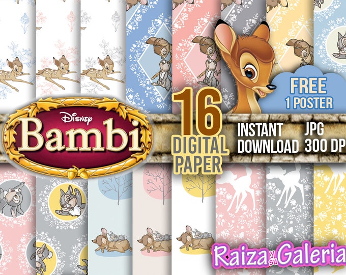 AWESOME Disney Bambi Digital Paper. Instant Download - Scrapbooking - Bambi Printable Paper Craft! FREE 1 Poster.