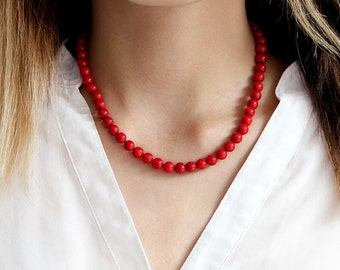 Bold Red Coral Necklace, Natural Genuine Coral Jewelry, Beaded Statement Necklace, Vintage Inspired, Sterling Silver/ Magnetic Clasp, Gift