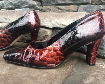 Vintage Leather J. Renee Snakeskin Pumps | Black and Brown Leather Chunky Heels |