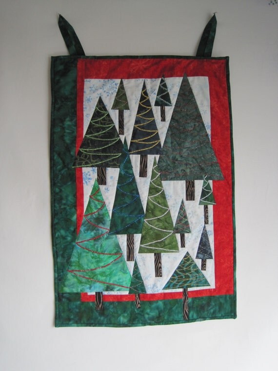 Christmas Trees Wall Hanging - Trees in a Snowy Meadow - Batik - Applique - Approx 19 x 28 Inches - Metallic Thread as Garland - Sparkles