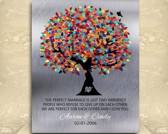 10th Wedding Anniversary Gift Personalized Family Tree Silver Multi Color Tin Perfect Marriage Wedding Tree Custom Metal Art Print 1208