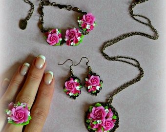 Polymer Clay Jewelry floral earrings and ring Handmade
