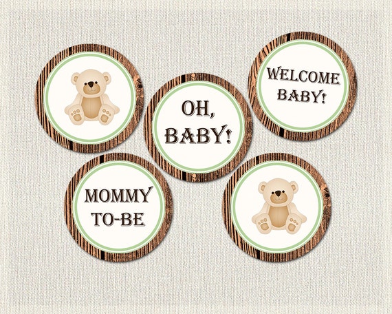 Teddy Bear Cupcake Toppers | Green Rustic Baby Shower Printable Cupcake Toppers Decorations ...