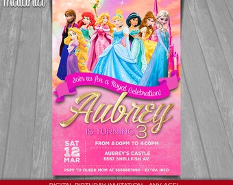 Disney Princess Invitation - Disney Princesses Invite - Disney Princess Birthday Invitation Party - Cinderella Ariel Aurora Belle Anna Elsa