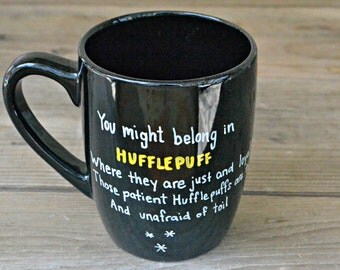 Hufflepuff Mug - Hand Painted Coffee Mug - Black Mug Cup Ceramic Tea Cup - Harry Potter Mug Sorting Hat Mug Hogwarts Mug Wizard
