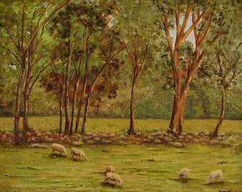 Original oil painting. Sheep grazing in a meadow. Rural landscape of Spain. On fine linen canvas oil painting