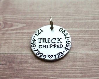 Hand Stamped Name Tag with two sets of phone numbers and Chipped, Hand Stamped Name Tag Dog Tag Pet Tag Pet's Name Tag Dog ID tag Cat ID tag