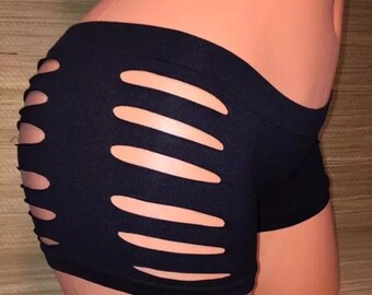 Sexy black gogo club outfit festival rave cut sides slashed weaved booty cheeky stretch shorts bottoms