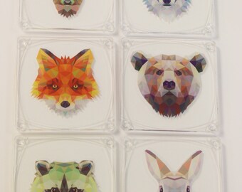 Geometric Wild Animal Faces Printed Set of 6 Decorative Acrylic Table Coasters with Holder Included