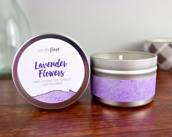 LAVENDER FLOWERS Soy Candle in 4oz Tin, Wood Wick Candle, Spring Candle, Lavender Candle, Scented Soy Candle, Tin Candle, Scented Candle