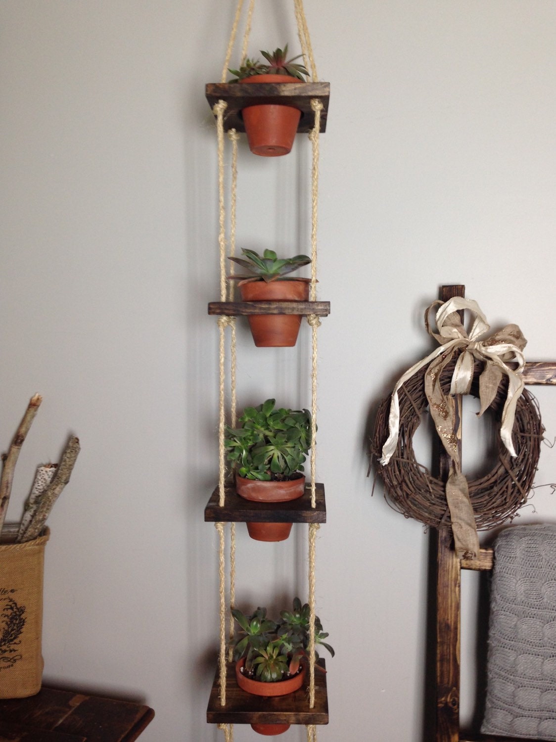 4 Tier With Pots Vertical Planter Wood Hanging Terracotta