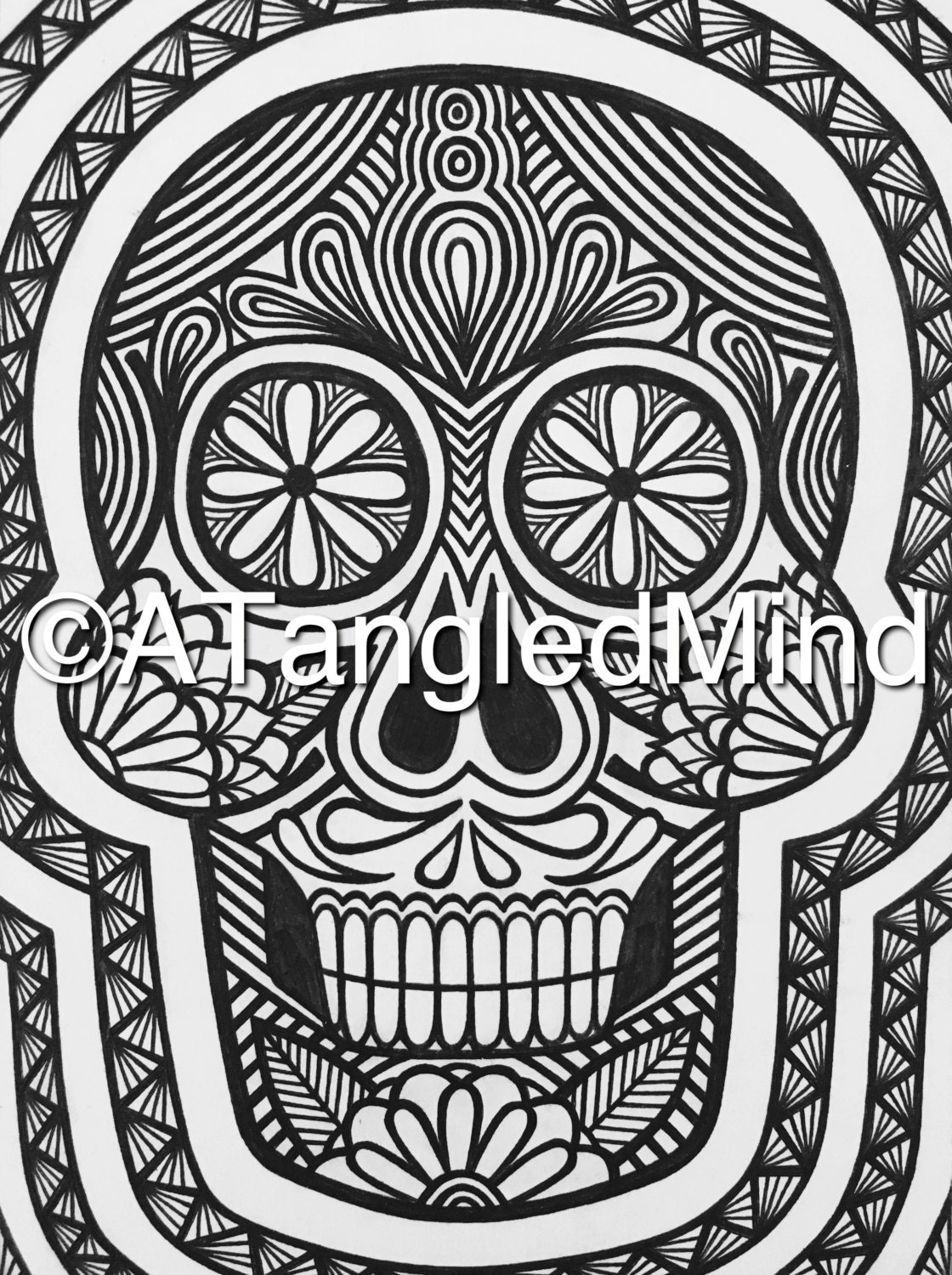 Original Zentangle Sugar Skull Drawing Cardstock Canvas