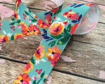 7/8 Grosgrain Ribbon in Bright Blooms Floral Print