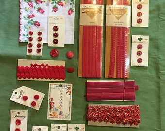Vintage sewing notion kit inspiration red buttons binding rick rack etc.