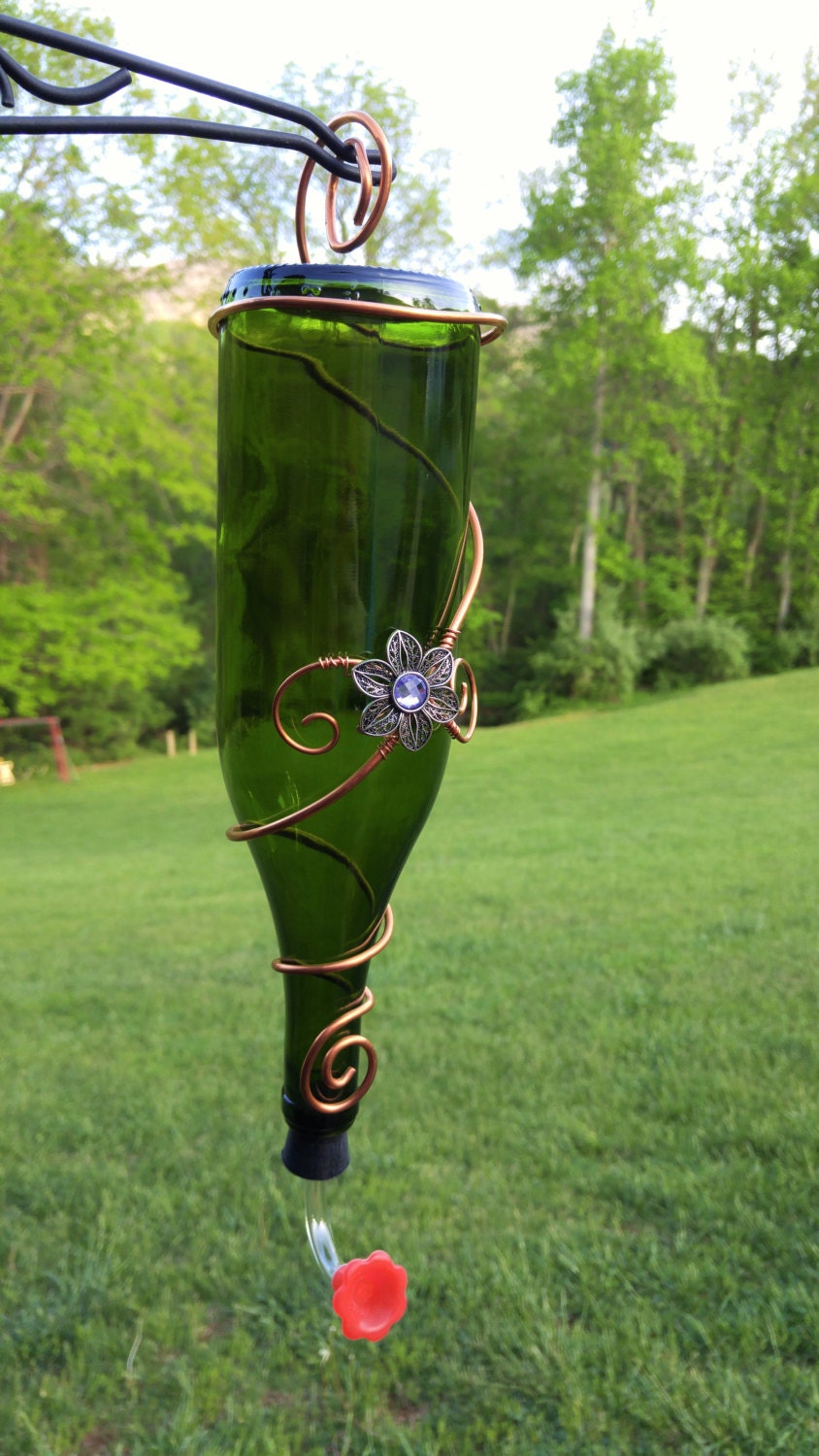 Glass Wine Bottle Hummingbird Feeder Emerald Green Recycled
