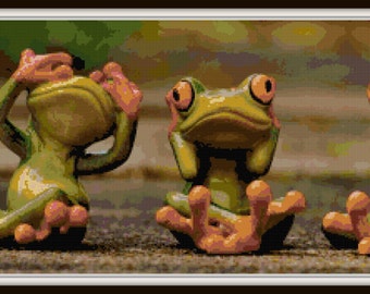Cross Stitch Frog Pattern - PDF Download - See No Evil, Hear No Evil, Speak No Evil!