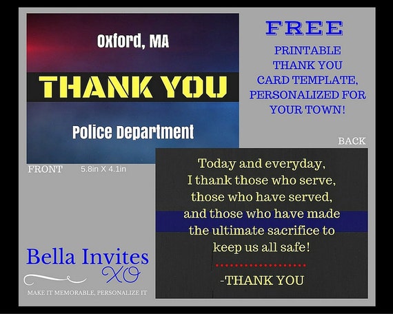 Police Officer THANK YOU card printable template by BellaInvitesXO