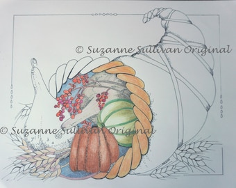 Horn of Plenty Coloring Page, Adult Coloring Page, Thanksgiving Coloring page, Printable Download, Cornucopia Coloring Page, Coloring Page