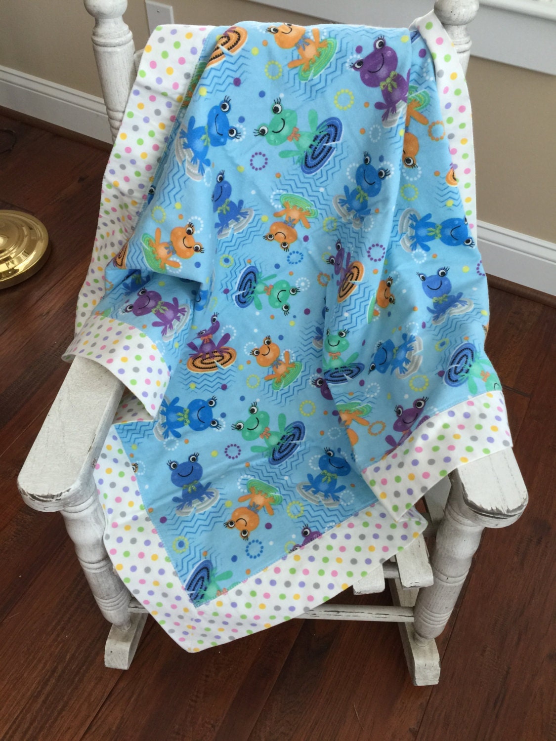 Frog Flannel Baby Blanket / Receiving Blanket / Double Sided
