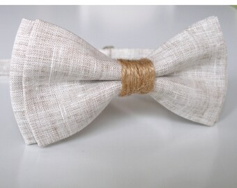Mens Bowtie in Natural Linen, Linen Bow Tie, Beige Bow Tie, Groomsmen Bow Tie, Wedding Bowties, Rustic Bow Tie
