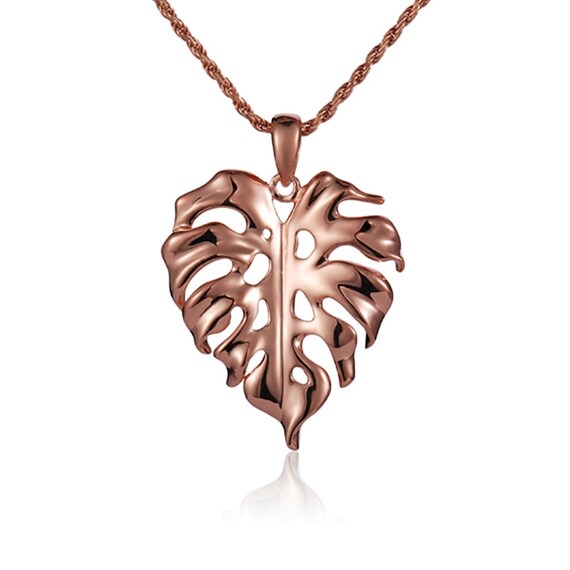 14K Rose Gold Monstera Pendant 18 necklace