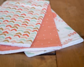 Set of 3 Baby Girl Burp Cloths — Coral Dot, Coral Flower, Coral Herringbone
