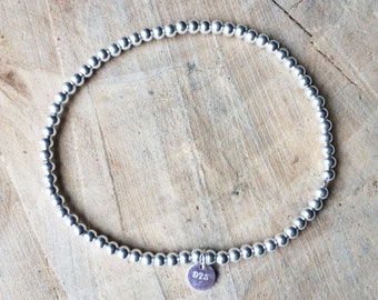 Dainty Sterling Silver Beads Bracelet | Minimal Simple Elastic | Skinny tiny small balls | 3 mm sterling silver 925 tag | Silver clasp