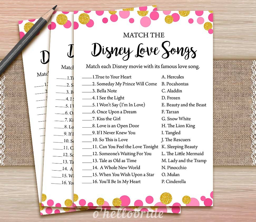 Disney Love Songs Bridal Shower Game Printable Pink Gold