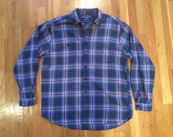 Vintage Polo Sport Flannel Plaid Polo Sportsman size L button up blue red white