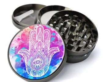 Hamsa Hand Of Fatima #61 Extra Large 5 Piece Spice Tobacco Herb Grinder with Pollen/Keef Catcher - Customized Grinders for Weed