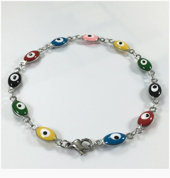 Items similar to Stainless Steel Evil Eye Bracelet, Multicolor Evil Eye