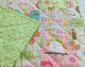 Handmade Baby Quilt ,Multicolors of green,blue,orange and pink,WoodlandAnimals ,Birds,Trees,Hedgehogs