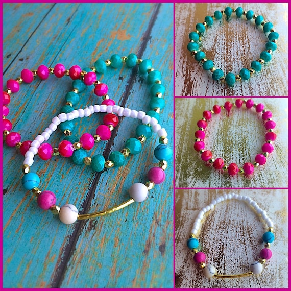 Teal and Pink Glass Bead Bracelet Set of 3 by CerilasCorner