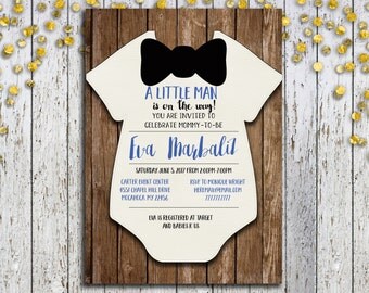 Onesie Baby Shower Invitation, Boy Baby Shower Invite, Bowtie Baby Shower Invite, Rustic Baby Shower Invitation, Wooden Invitation, Digital
