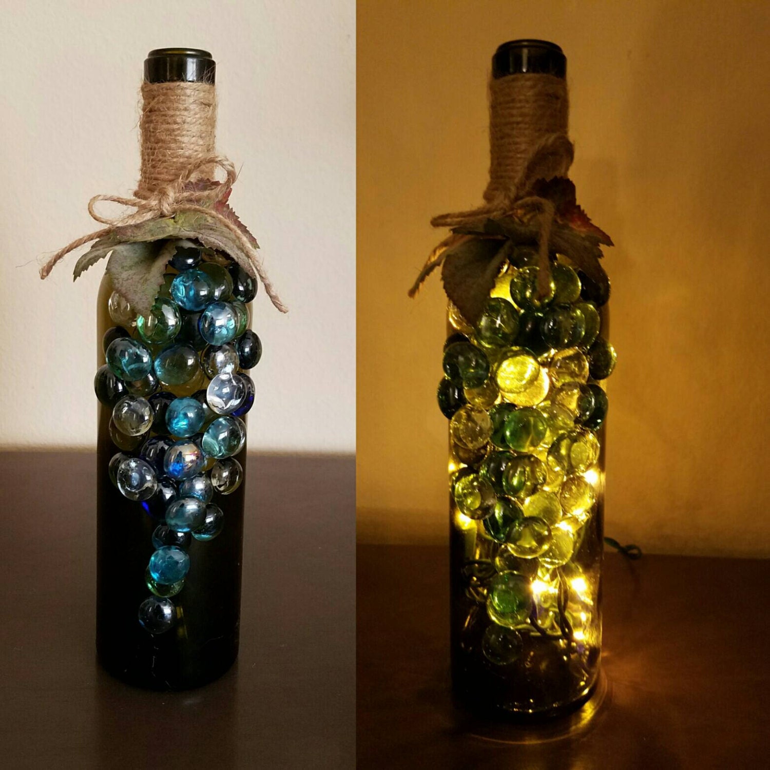 Grape light up wine bottles. Decorated wine bottles. Lighted