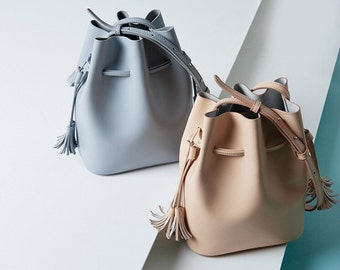 Sale Leather bucket bag leather crossbody bag handbag leather shoulder bag blue nude leather bag