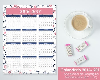 Calendario escolar 2016-2017 para imprimir. US Letter Size 8.5"x11". Quick reference calendar, planner insert (Spanish). Instant download.