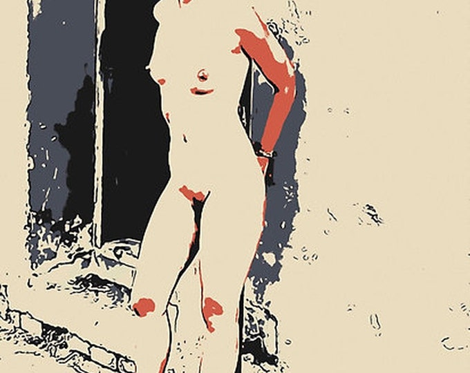 Erotic Art 200gsm poster - Good Pet waits for Master, bondage fantasy, naked body artwork, hot conte style print High Resolution at 300dpi