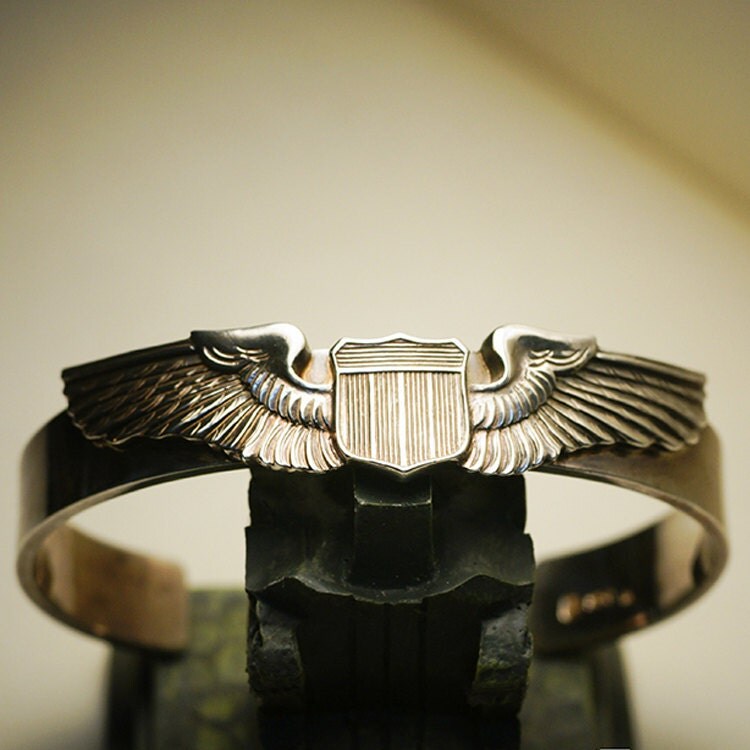 Silver Wings Bangle Military Bracelet Cuff Air Force Pilot Wings