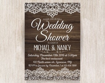 Wedding Shower invitation, Rustic Wedding, Party Invitation with lace. Modern printable invitation. Wooden texture - 1601