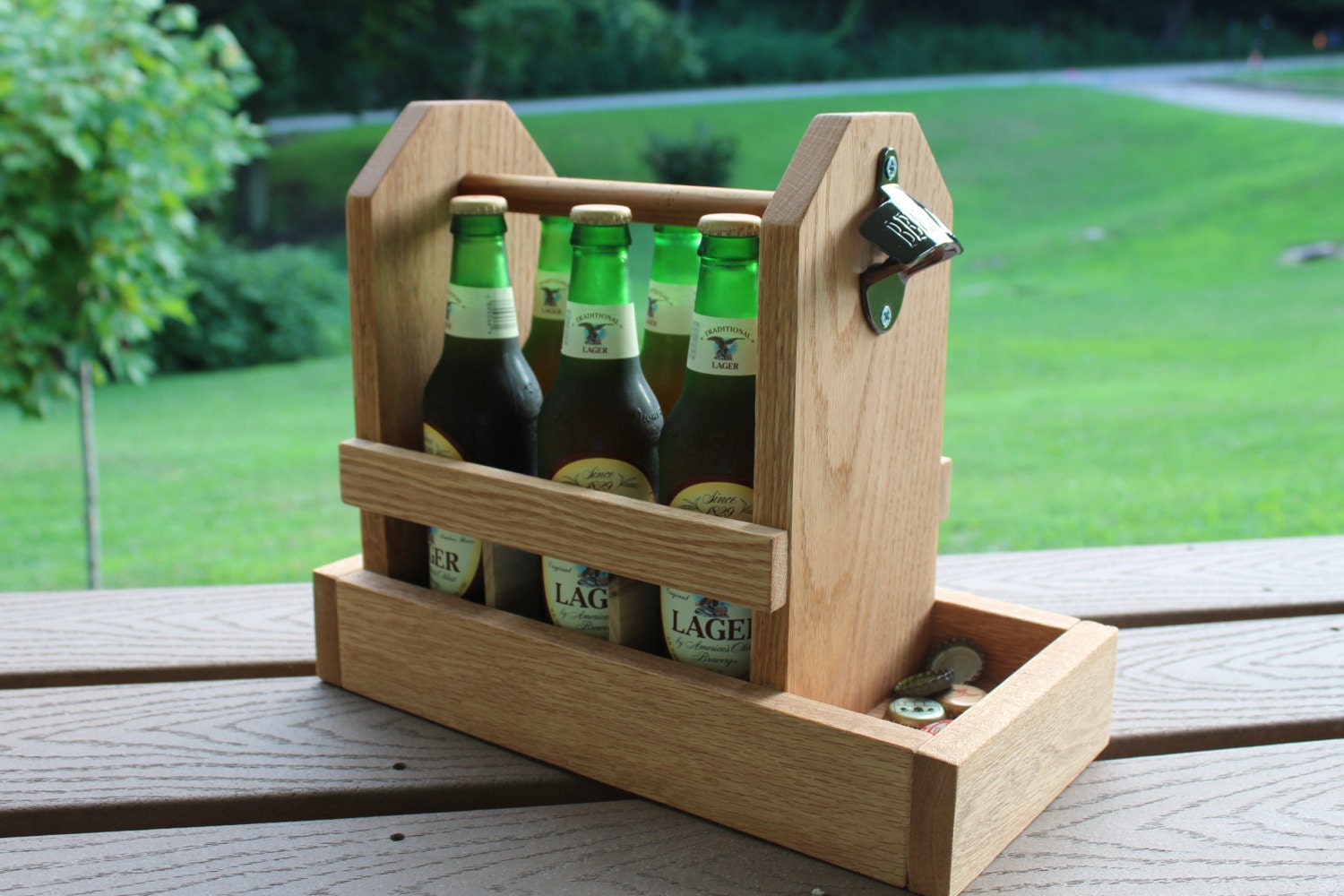 Wooden Six Pack Beer Carrier with Bottle Opener