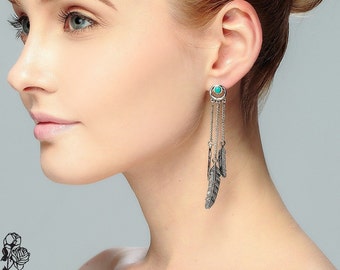 Vintage of feather chandelier earrings Turquoise Silver