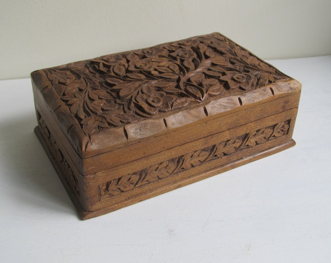 Wooden jewellery box, vintage carved business card box, office desk tidy, general storage stowage box, ornate with flowers